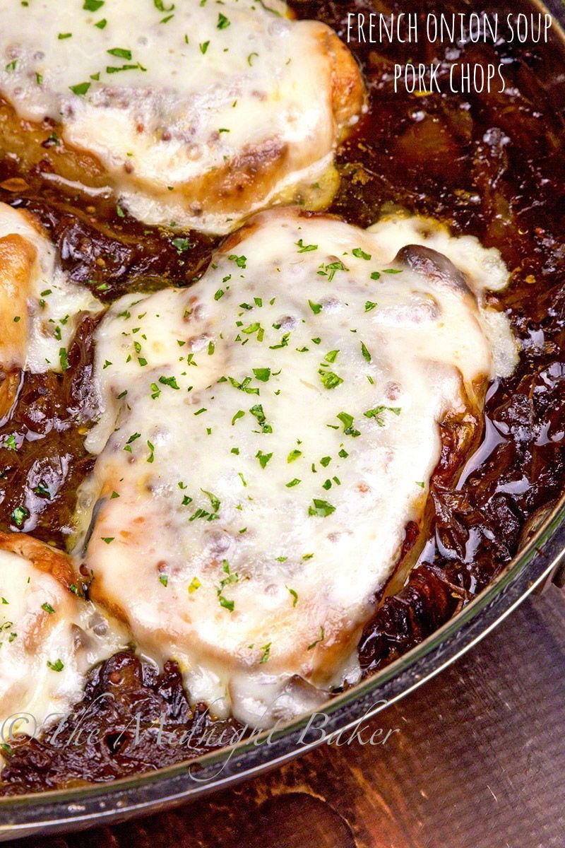 Juicy cheese-topped pork chops roasted in French onion soup sauce. A meal worthy of company, but so easy, it’s also perfect for