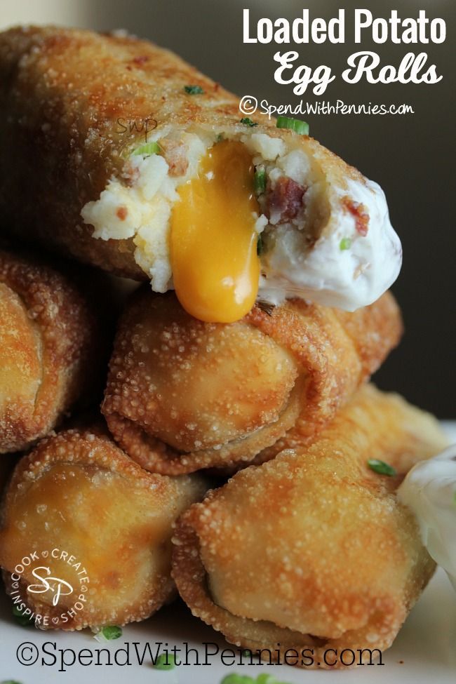 Loaded Mashed Potato Egg Rolls. Crispy egg rolls stuffed with creamy loaded mashed potatoes and gooey chee