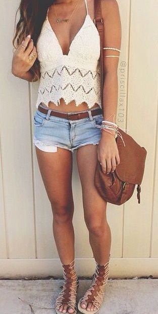 Really like this lace top with the denim shorts. x