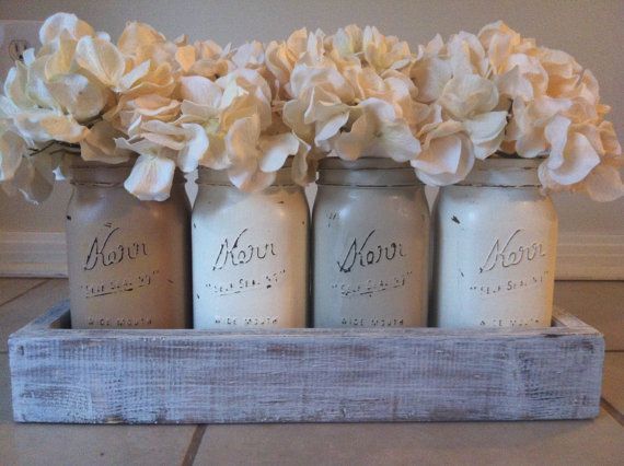 Rustic Mason Jar and wood box table Centerpiece wedding shabby chic distressed vase Neutral Colors via Ets