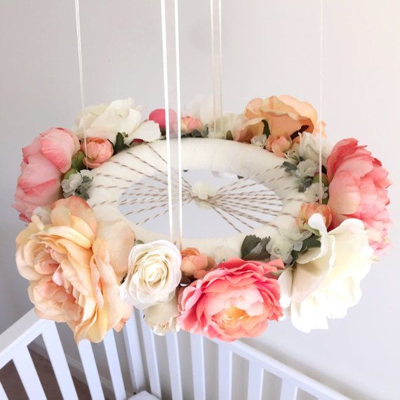 Whimsical coral & peach flower mobile floral crib by RosyRilli