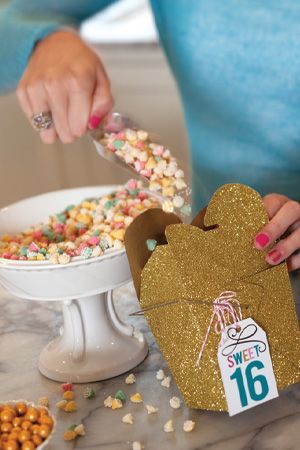 A Sweet 16 Birthday | Candy bar with glitter table boxes and favor tags