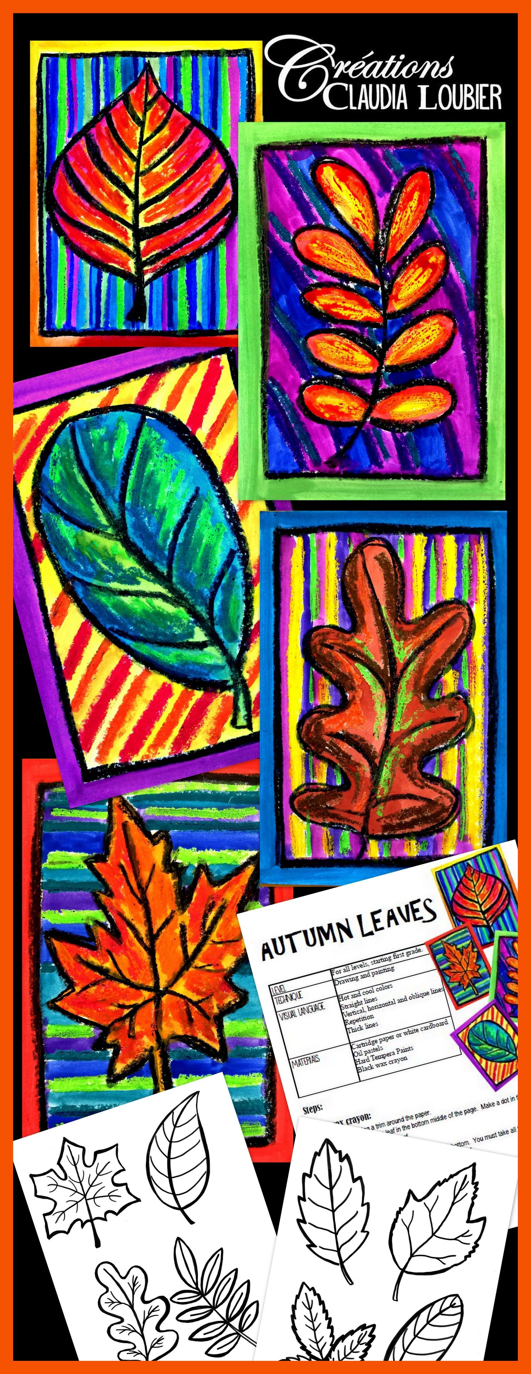 Art project about autumn leaves. For first grade and up. The students learn how to draw a leaf with warm c