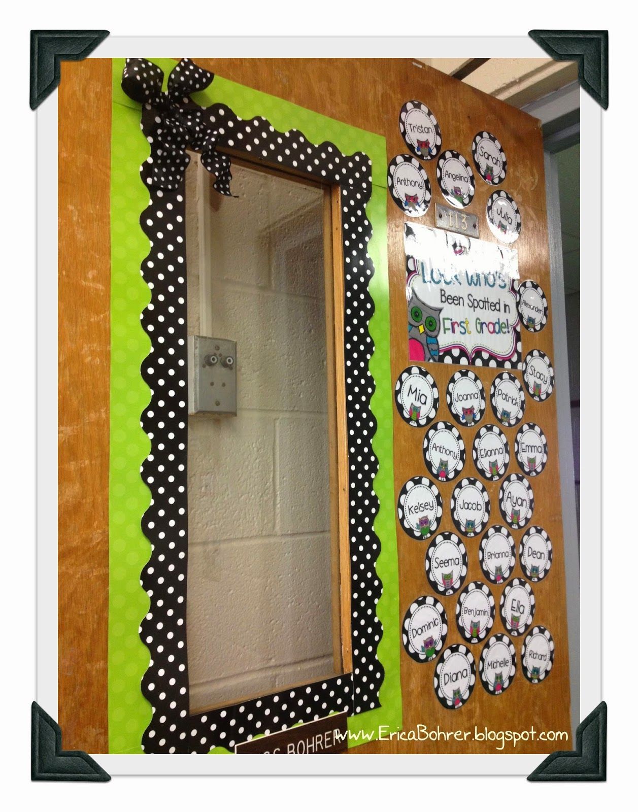 Black and White plus Owl door decor.  Tips: Double layer borders and  add wired ribbon to the corner of th