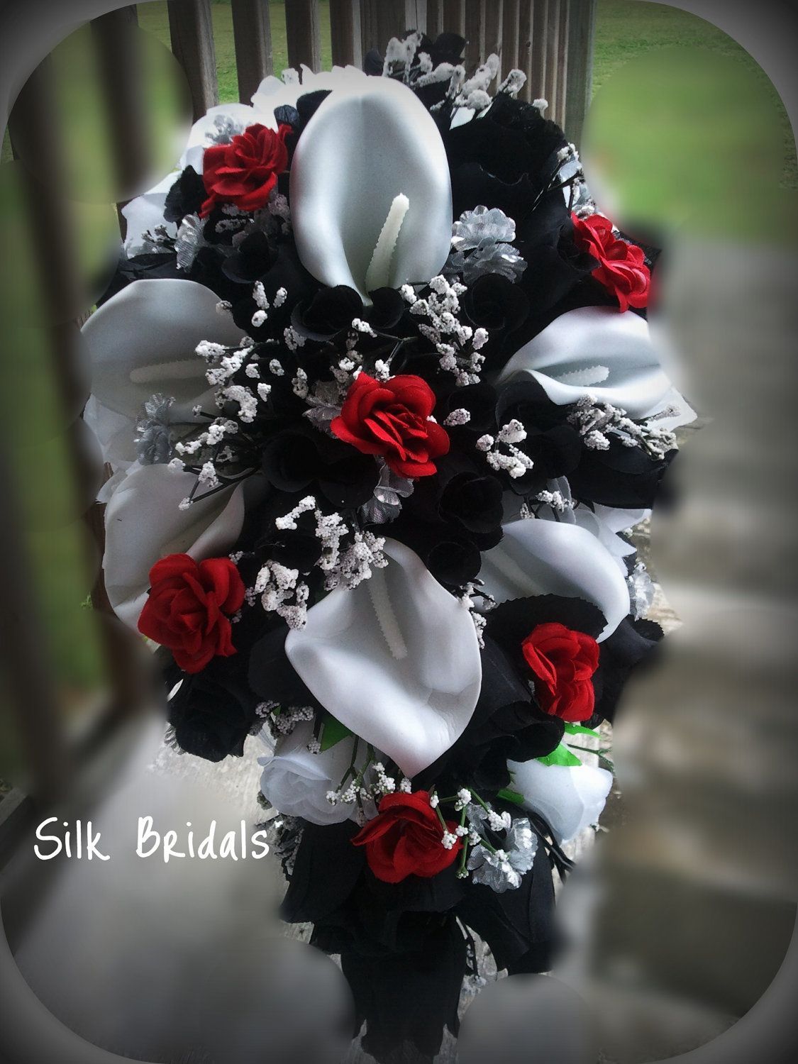 Bridal Bouquet Silk Wedding Flowers BLACK Red White Silver CALLA Roses 46pc set for JASEY. $275.00, via Et