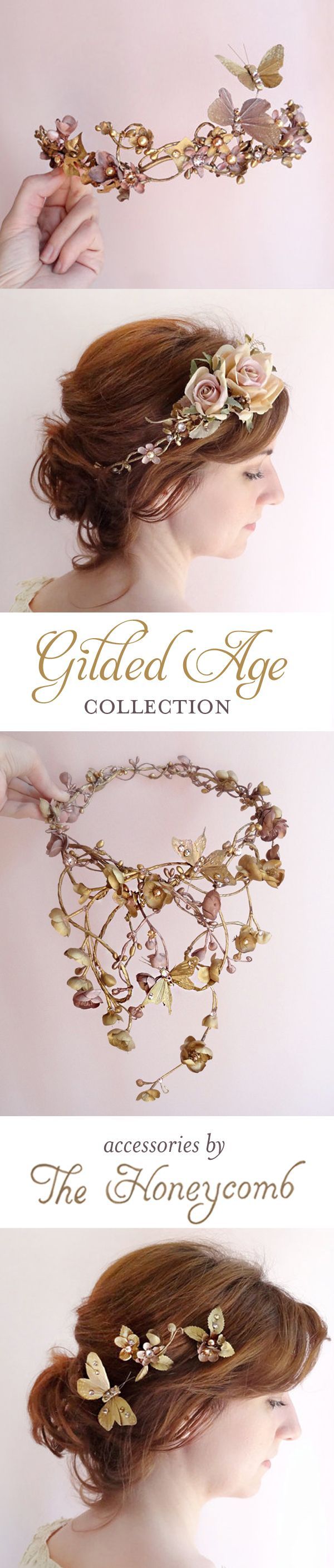 Bronze metallic hair accessories with gilded butterflies and Swarovski crystals and pearls. Luxurious stat
