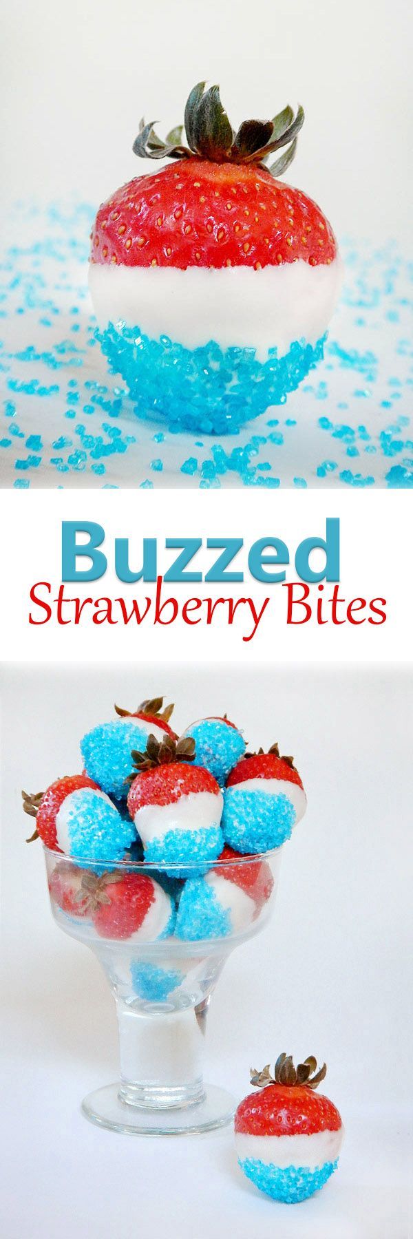 Buzzed Strawberry Bites Strawberries soaked in rum then covered in white chocolate and blue sprinkles. Per
