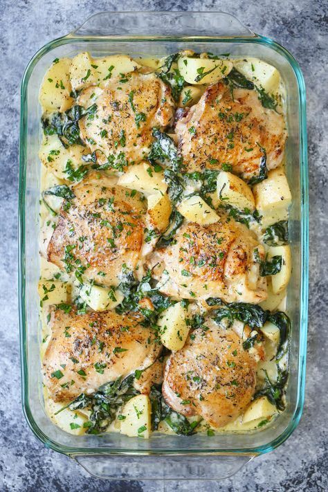 Chicken and Potatoes with Garlic Parmesan Cream Sauce – Crisp-tender chicken baked to absolute perfection