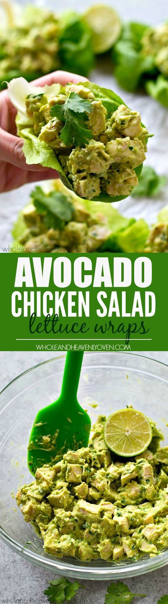 Chicken salad lettuce wraps lightened up with healthy avocado and NO mayonnaise at all! These wraps are go