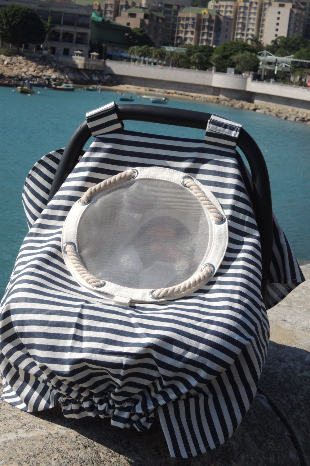 Infant car seat canopy  nautical stripes by TheYellowPacifier, $33.00