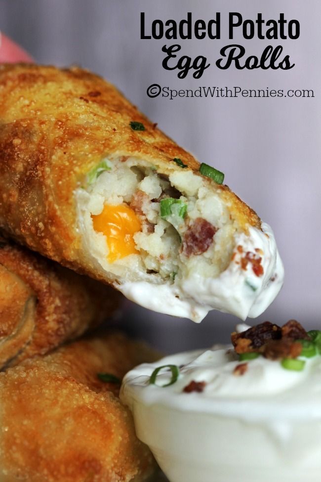 Loaded Mashed Potato Egg Rolls! A crispy shell loaded with cheese, bacon & mashed potatoes. I’m not going