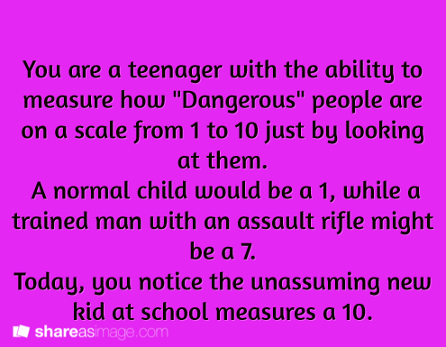 Prompt — you are a teenager with the ability to measure how “dangerous” people are on a scale from 1 to 1