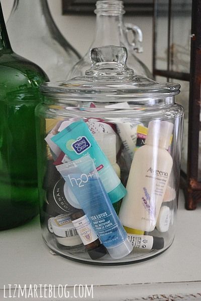 Put samples of shampoo, lotion, conditioner, & other toiletries in a glass container & put in guest bedroo
