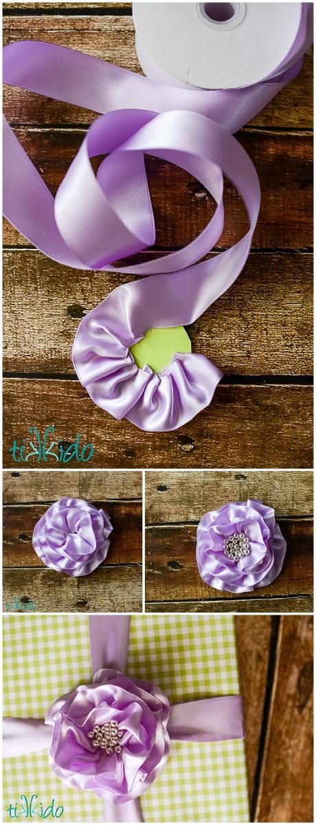 Ruffled Ribbon Rose Spring Gift Wrap Tutorial.  I used scraps and leftovers to make this elegant present f