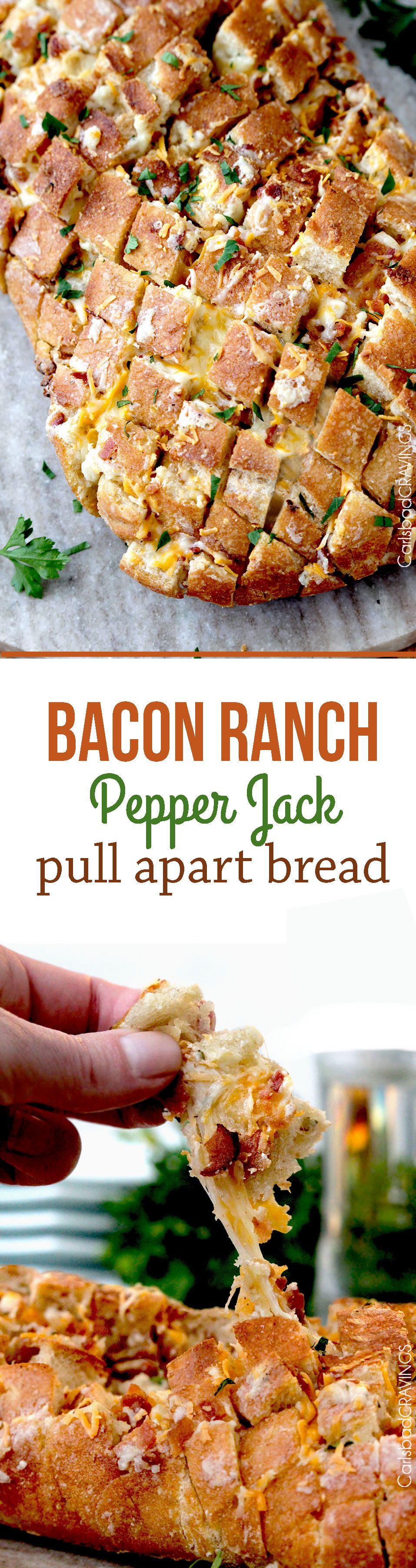 ULTIMATE crowd pleasing appetizer! Bacon Ranch Pepper Jack Pull Apart Bread – drenched in buttery ranch cr
