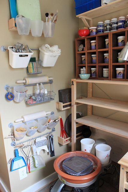 Various good storage ideas; remember to use shallow storage for glazes, so you can see which is which easi