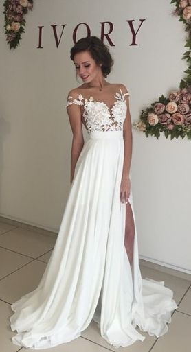 2016 Summer Beach Chiffon Wedding Dresses Lace Top Side Slit Garden Elegant Bridal Gowns