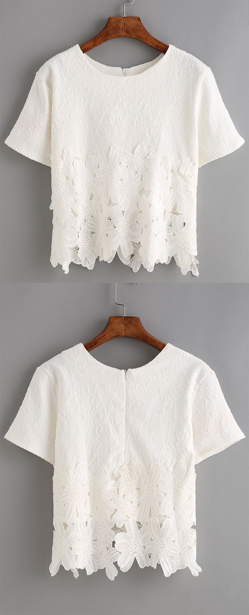 Absolutely love the delicate lace insert jacquard on this soft t-shirt. Super cute white lace tee. Best fo