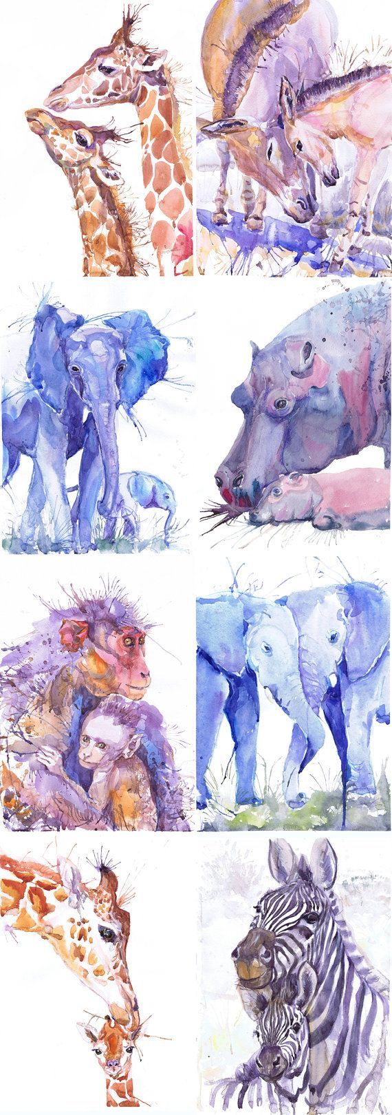 ACEO Artist Trading Cards Art Prints Watercolor Painting Jungle Safari Animals ATC Giclee, Set of 8 Si
