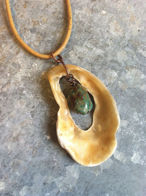 Boho gypsy beach oyster seashell with turquoise pendant necklace, beachy jewelry, beach wedding jewelry, s