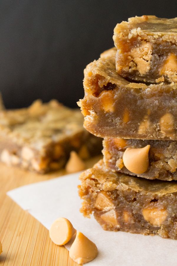 Chewy, fudgy blondies with a rich butterscotch taste and filled with butterscotch chips.