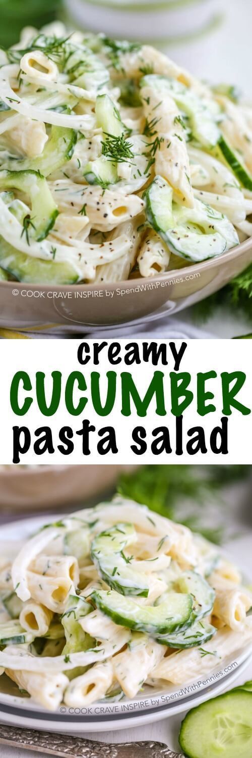 Creamy Cucumber Pasta Salad! This summery pasta salad combines our favorite cucumber salad with fresh dill