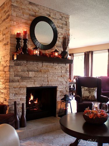 Dining Delight: Fall Mantel/Fireplace Makeover-stone veneer added over brick