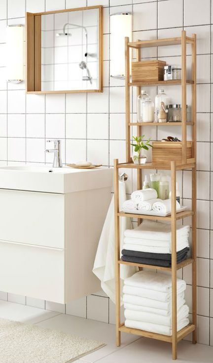 Get organized and relaxed in your bathroom with the IKEA RÅGRUND shelving unit in bamboo!