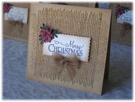 Handmade Christmas Card with burlap 3D flower and by nuts4mccoy, $3.95