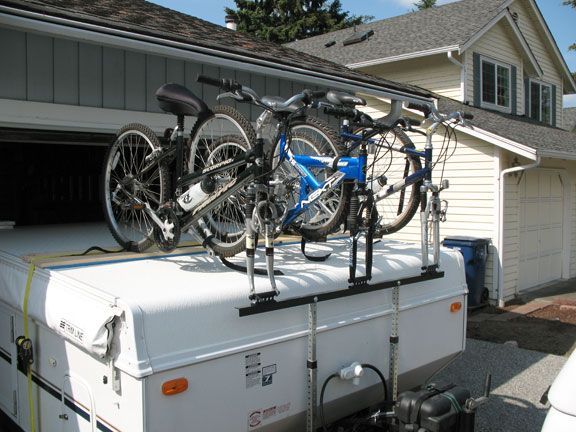 Homebuilt Bike Rack for a tent trailer. No welding and a parts list!