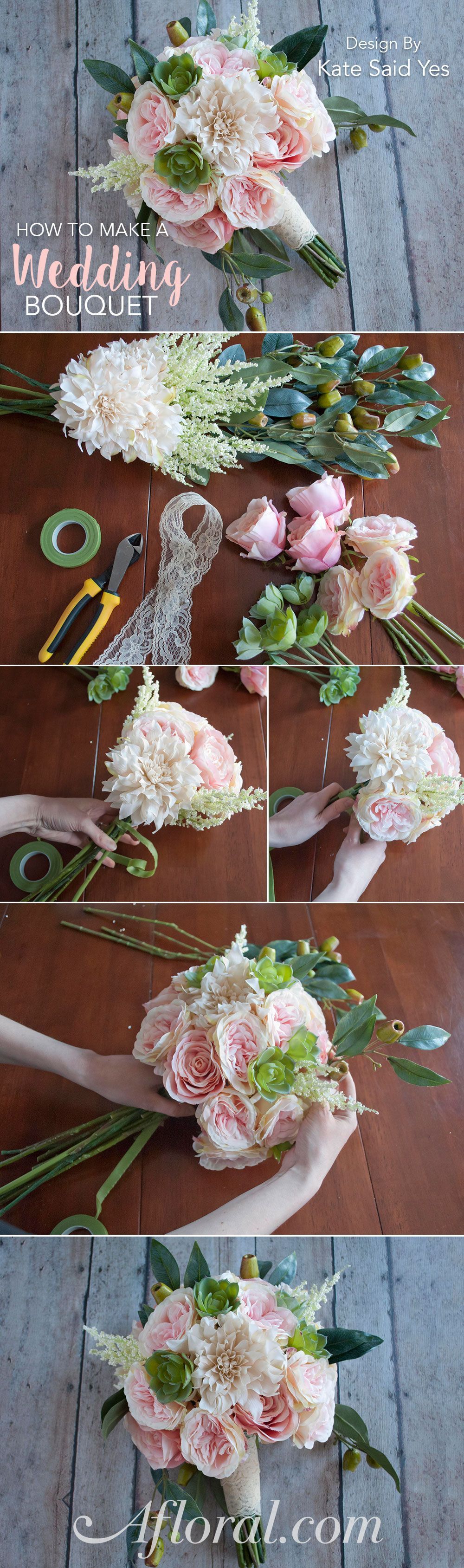 How to make a wedding bouquet with silk flowers from www.afloral.com/. #fauxflowers Design by Kate Sai