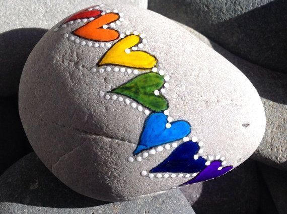 ~Keeping it simple, rainbow hearts Painted rock (sea stone) from Cape cod A beautiful stone, worn smooth o