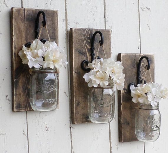 Rustic Farmhouse… Wood Wall Decor…3 Individual Hanging Mason Jars… Candle Sconce…Made to Order