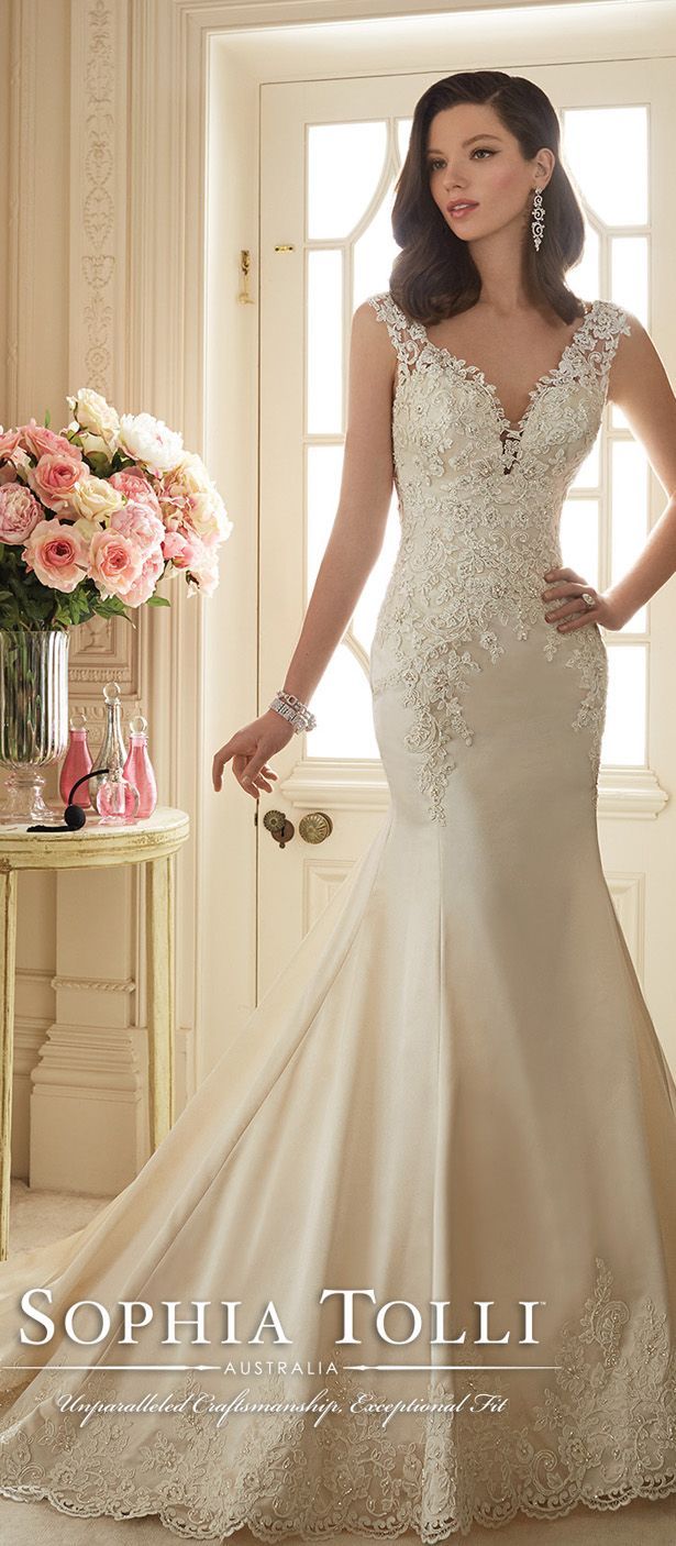 sophia tolli Paris satin fit and flare wedding gown with lace slight cap sleeves spring 2016 Y11629