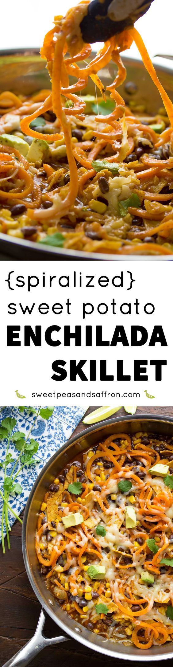 Spiralized Sweet Potato Enchilada Skillet, an easy vegetarian dinner recipe made with spiralizer sweet pot