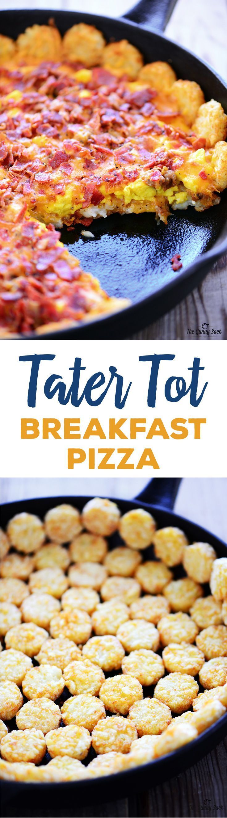 Tater Tot Breakfast Pizza recipe with crispy potatoes, scrambled eggs, melted cheese, crispy bacon and sau