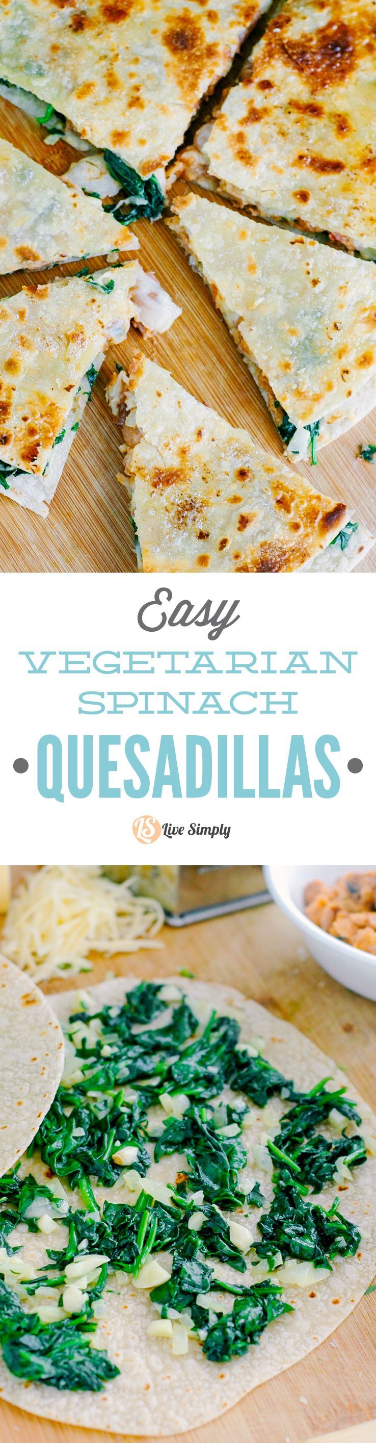 These are soooooo easy and good! Healthy, real food, vegetarian quesadillas that are packed with spinach.