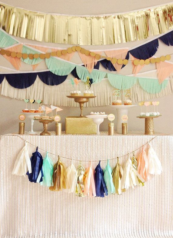 Tissue Garland Party Backdrop || Tissue Garlands || Peach, Mint, Navy and Gold