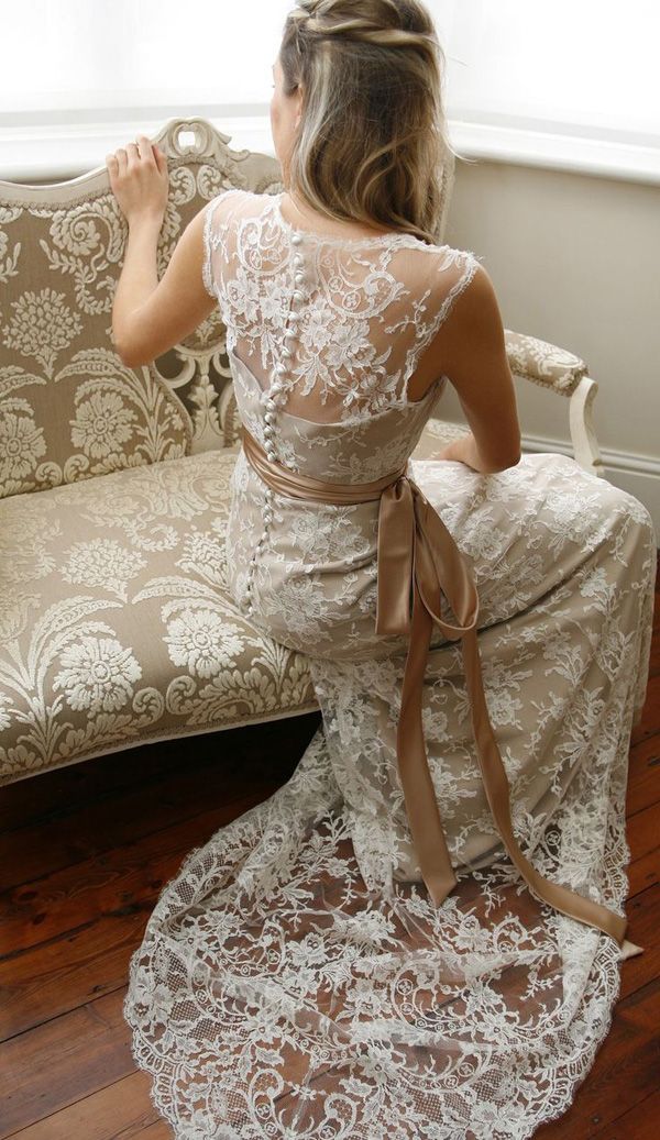 vintage lace illusion wedding dresses with nude ribbon