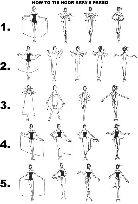 Ways to wear a sarong/pareo.  I think these instructions might be easier if the fabric had a nice long tie