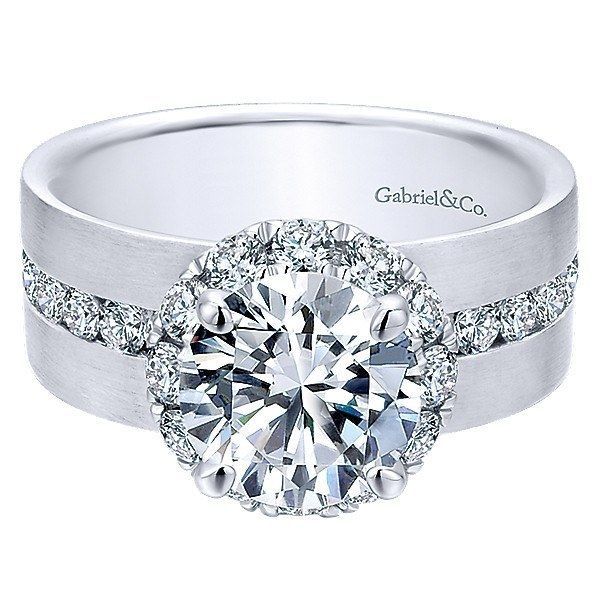18K White Gold Wide Brushed Channel Set Diamond Engagement Ring. This ring features 1.26cttw of round