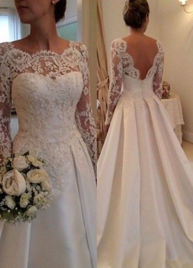 $199-Lace Long Sleeves A-line Wedding Dresses Beading Satin Open Back Court Train Bridal Gowns