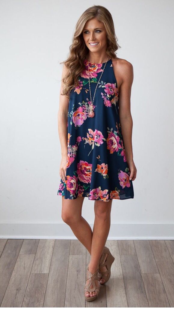 Adorable navy floral dress with pendant necklace and tan wedges.  Want! Stitch fix spring summer 2016