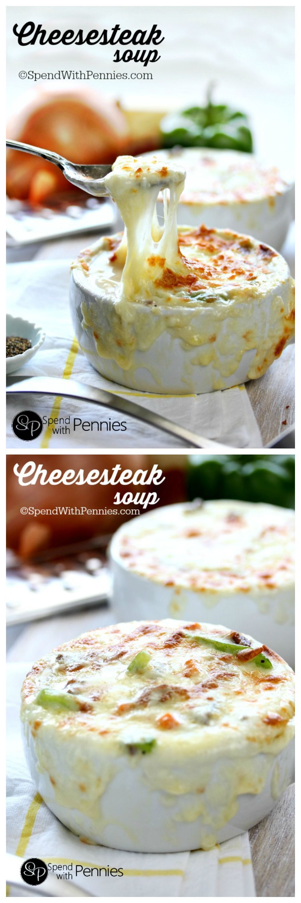 Baked Cheesesteak Soup! Loaded with beef, peppers and cheese this creamy cheesy soup recipe is a great