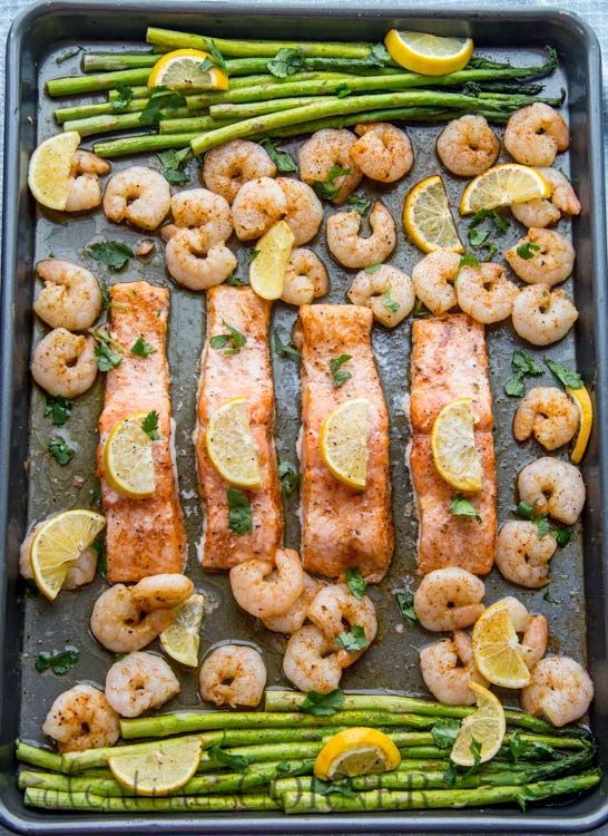 Baked one pan meal with salmon, shrimp and asparagus. ValentinasCorner.com