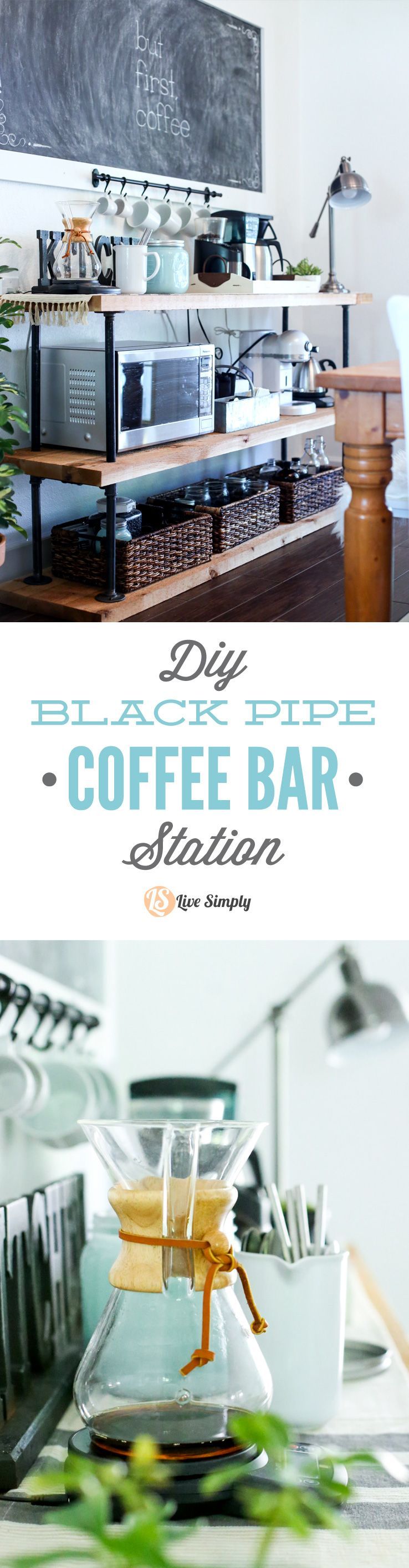 Build your own coffee bar! This project is made with industrial-style black pipes and wood–thats