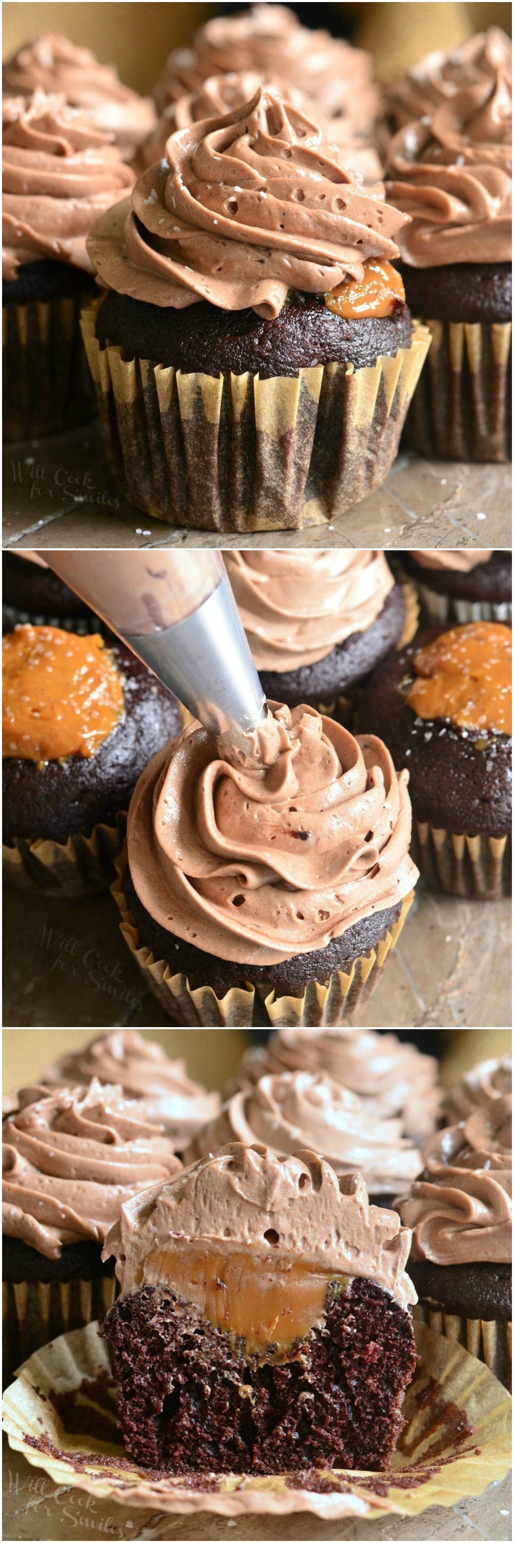 Chocolate Cupcakes with Salted Dulce de Leche Filling and Salted Chocolate Buttercream. Rich, decadent