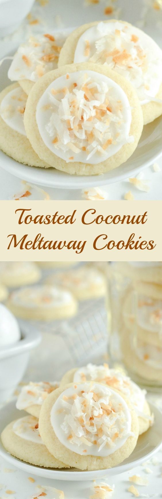 Coconut Meltaway Cookies – a soft coconut shortbread cookie topped with royal icing and toasted coconu