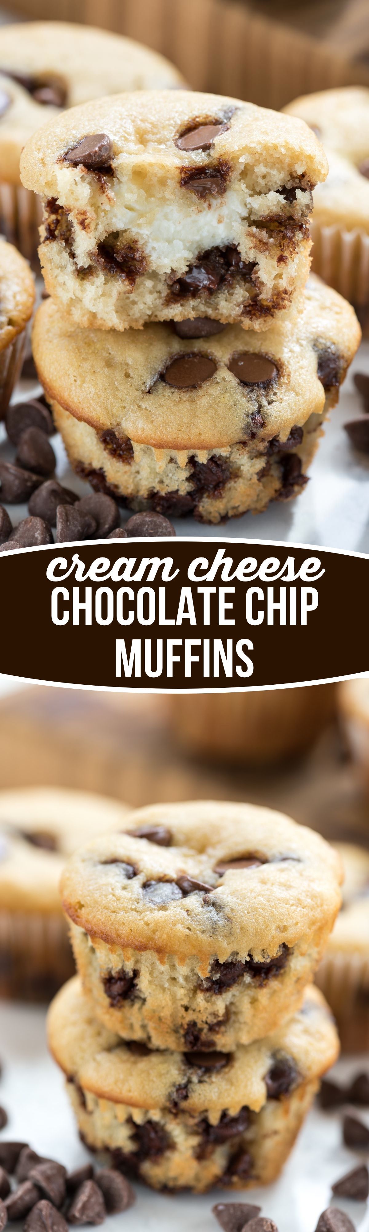 Cream Cheese filled Chocolate Chip Muffins – this easy muffin recipe is filled with chocolate chips an