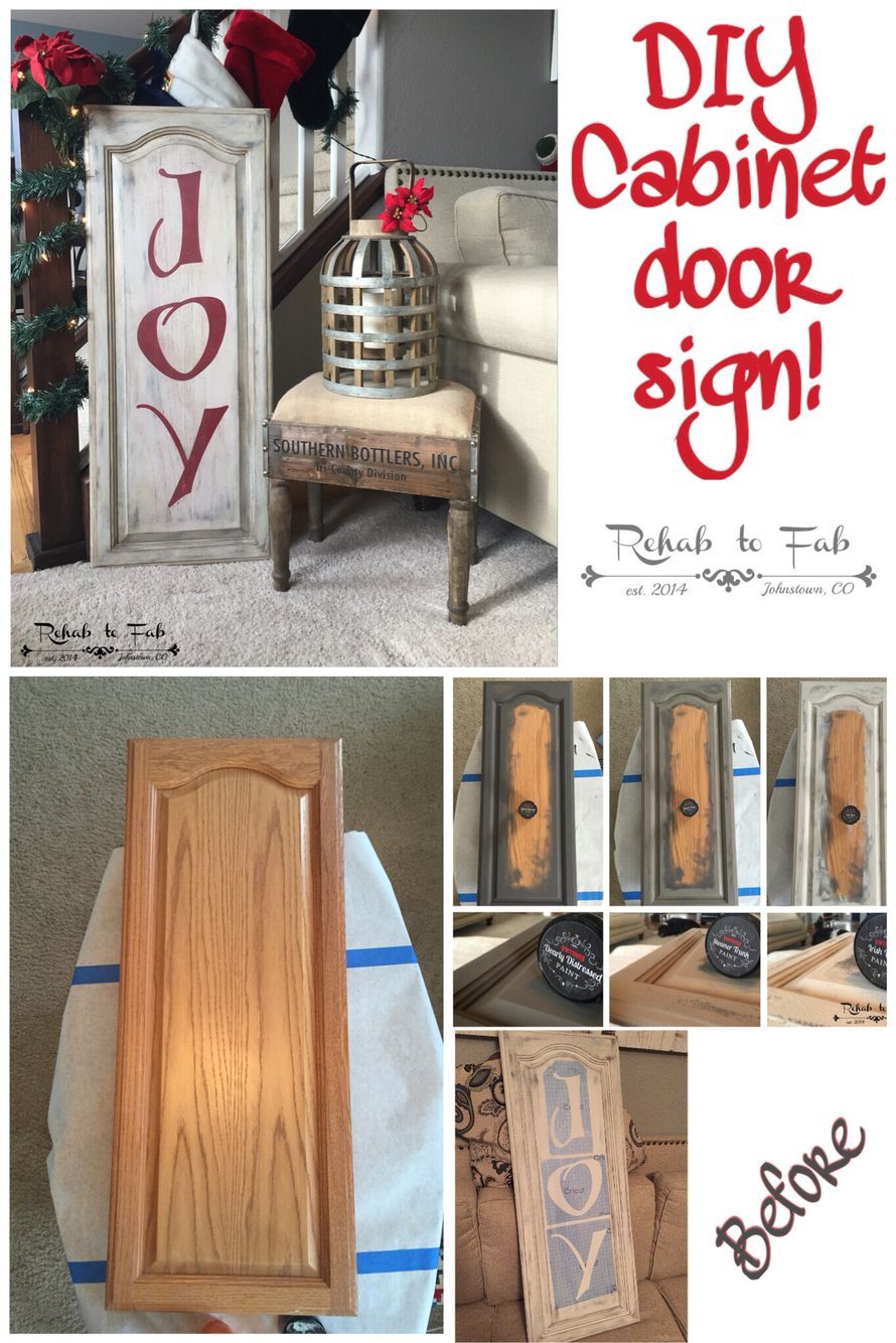 DIY Christmas Joy sign made from a old kitchen cabinet door. Done by Rehab to Fab.